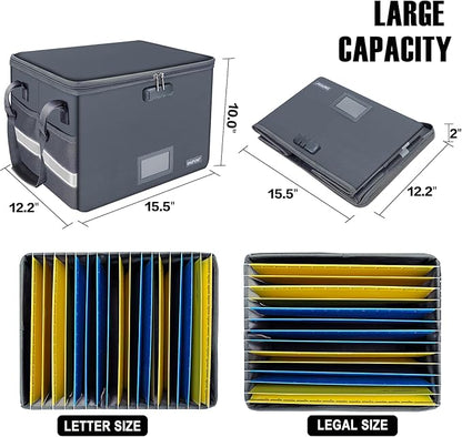 ENGPOW File Box with Lock,Fireproof Document Box with Pockets,Collapsible File Storage Organizer Box Filing Box with Handle,Portable Home Office Safe Box for Hanging Letter/Legal Folder,2 Pack(Gray)