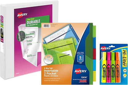 Avery Durable View 3 Ring Binder with 1 Inch Rings, 5 Tab Two-Pocket Plastic Binder Dividers, Assorted Chisel Tip Highlighters, School Supplies Set (01681)