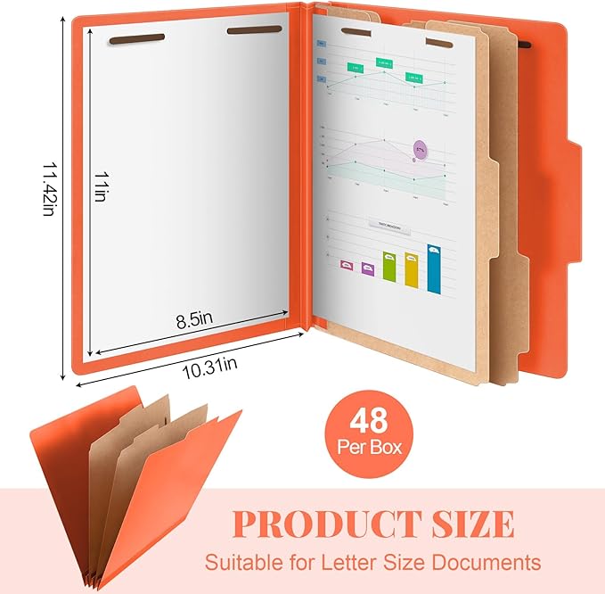48 Pcs Classification Folders Bulk 2 Dividers File Folder with Fastener 2 Prongs Letter Size Pressboard Filefolders with 3.5 Inch Expansion for Organize Office Medical Document (Orange)