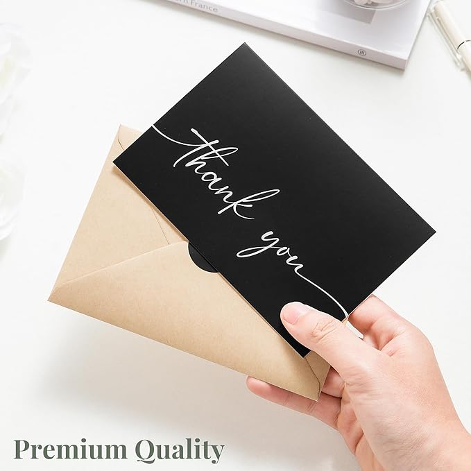Bulk Pack of 20 Thank You Cards with Envelopes & Stickers, Black Thank You Cards 4x6 Inches - Suitable for Business, Baby Shower, Wedding, Small Business, Graduation, Bridal Shower, Funeral