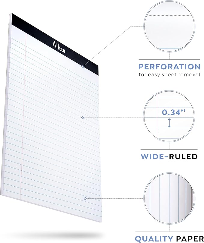 Legal Notepads 8.5 x 11, Pack of 12 - Perforated Wide Ruled Writing Pad - Premium Thick Paper, No Ink Bleeding - Blank Legal Pads For Home, Office, School, Business - 50 Sheets Per Notebook