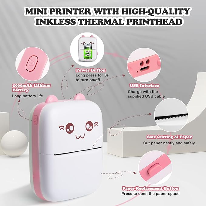 Mini Pocket Printers, Portable Thermal Printer, Sticker Printer with 10 Rolls Paper, Mini Printer for Study Note,Journal, Memo, Label Printer Compatible with Android & iOS