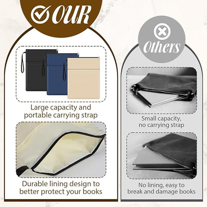 Aliceset 3 Pcs Book Lovers Gifts Book Sleeves with Zipper 11.8 x 9 inch Travel Book Covers Protector Pouch Bag with Pocket Handle Strap for Hardcover Paperback Washable(Black, Beige, Blue)