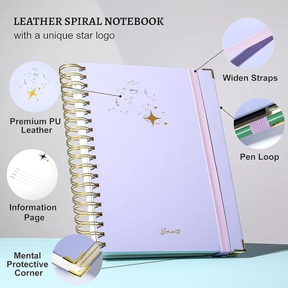 Yoment Leather Spiral Notebooks for Work 5 Subject Notebook College Ruled with Dividers 360 Pages B5 Hardcover Lined Journals for Women Men Writing B5 Size, Purple