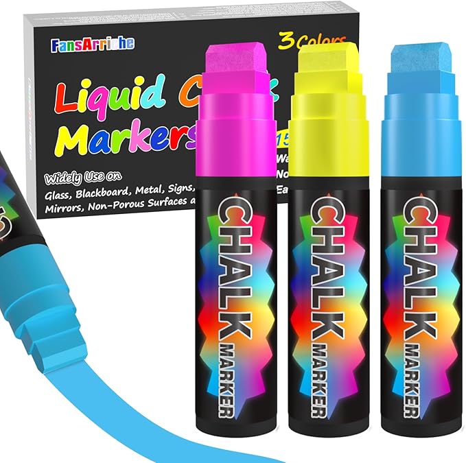 FansArriche Window Markers - 15mm Jumbo - 3 Pack of Neon Chalk Pens - Liquid Chalk Bright Car Markers, Chalkboard Markers for Windows, Blackboard, Glass, Signs, 3-in-1 nib