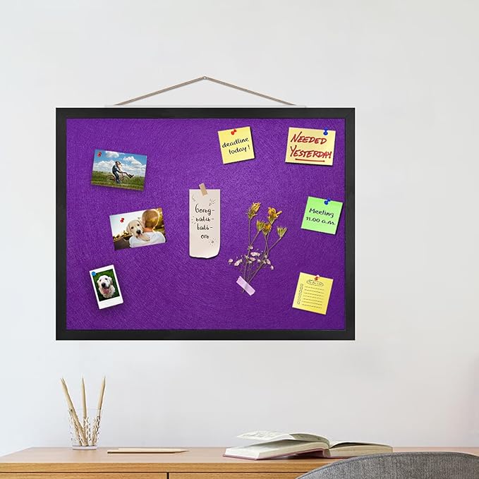 Large Bulletin Board Cork Boards Vision Board with Felt, 23"x17" Display Pin Board for Walls, Desk, Jewelry, Notes, Collection, Photos, Office, Black Framed and Purple Felt Board, 1pc
