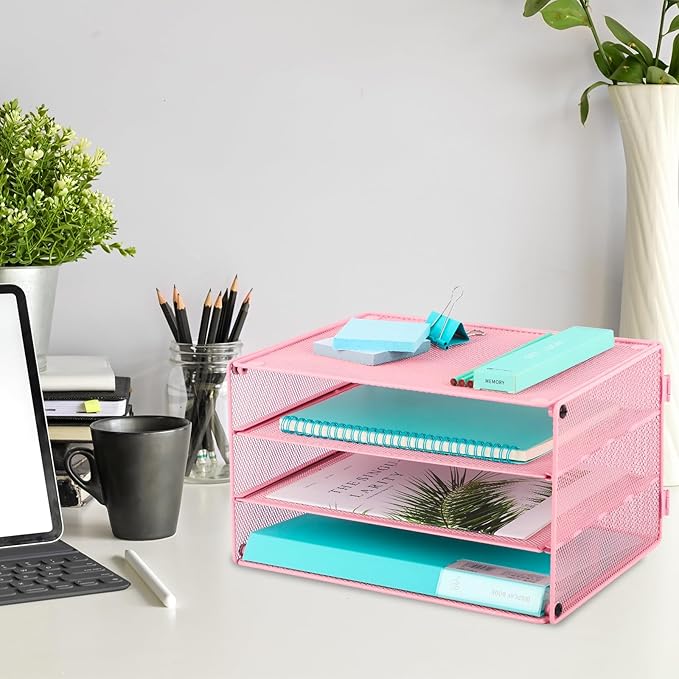 EASEPRES 3 Tier Paper Organizer Tray, Pink