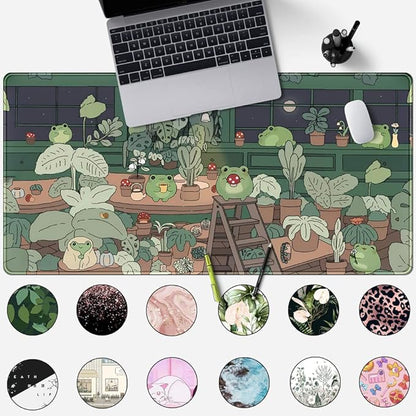 Cute Frog Kawaii Green Desk Decor Mat, Large Gaming Mouse Pad for Computer Keyboard Laptop, Home Office Accessories for Girl (31.5x15.7 in)-with Stitched Edges Pad