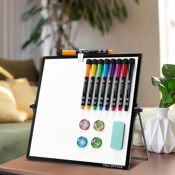 Small Magnetic Dry Erase Whiteboard – Mini Desktop Portable Easel Dry Erase White Board for Students Double Side to Do List Dry Erase Board with Stand for Office, School, Home 12 x 12 inches