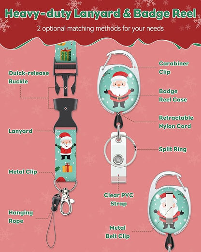 Uniclife 2 Pack Christmas Sliding Badge Holder Hard ID Card Holder with Cartoon Santa Claus & Snowman Patterns Vertical Card Protector with Retractable Badge Reel Carabiner & Detachable Lanyard Strap