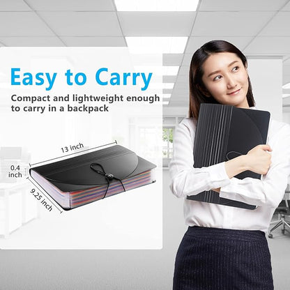 Sooez Accordion File Organizer, 12 Pockets Expanding File Folder, Portable Monthly Paper Bill Tax Receipt Organizer, Letter A4 Size Document Holder with Blank Labels, Black