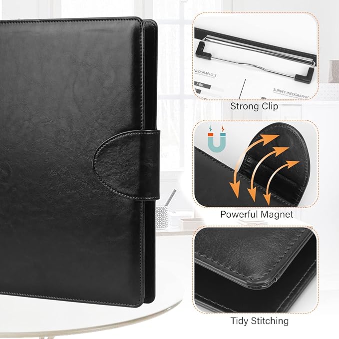 Toplive Padfolio Folder 3 Ring Binder PU Leather Portfolio, Business Interview Resume Portfolio A4/ Letter Size Document Organizer with Clipboard for Women Men, Black