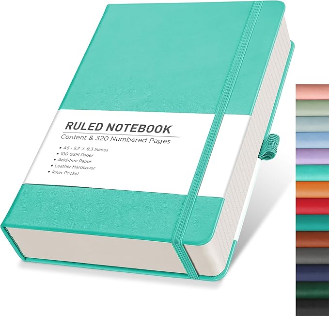 RETTACY Journaling Notebooks, A5 Lined Notebook Journal with 320 Numbered Pages, 5.7'' × 8.3'', Medium Size, Journal Notebook for Writing, Work, Leather Hardcover, 100 GSM Thick Paper (Mint)