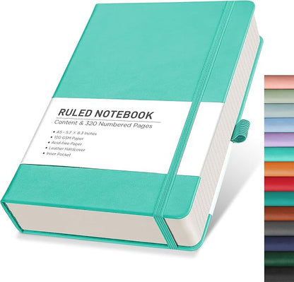 RETTACY Journaling Notebooks, A5 Lined Notebook Journal with 320 Numbered Pages, 5.7'' × 8.3'', Medium Size, Journal Notebook for Writing, Work, Leather Hardcover, 100 GSM Thick Paper (Mint)