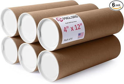 4" x 12" Reinforced Kraft Paper Mailing Tubes, Pack of 6 Tubes with 2 Caps Each – USPS Approved Poster Tube – Made in USA Cardboard Tube for Shipping and Storing Posters, Prints, Artwork, or Documents