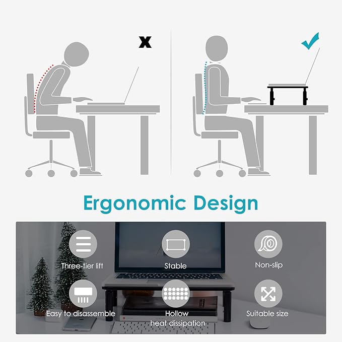 TV/Monitor Riser Desktop Stand, Flat Screen, Sturdy Metal Laptop Computer Shelf for Printer, iMac, 3 Height Adjustable PC with Mesh Platform , 2 Pack