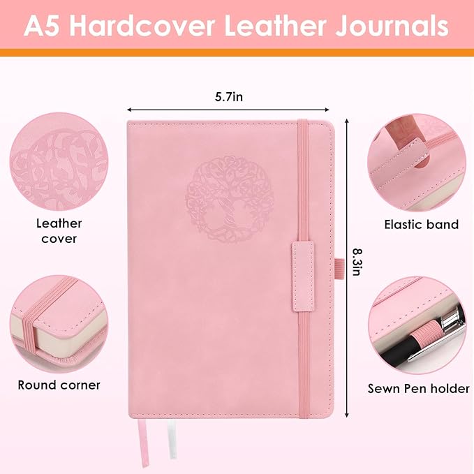 Pink Lined Journal Notebook for Women Men A5 Hardcover Leather Journals College Ruled Notebooks 300 Pages 5.7 x 8.3 Inches