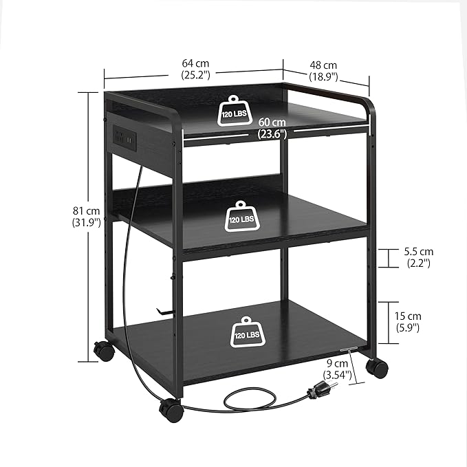 Printer Stands with Charging Station, 25.2 x 18.9 Inch Large Printer Stand with Wheels for Home Office, 3 Tier Printer Table with Power Outlet USB Port, Printer Shredder Stand, Black