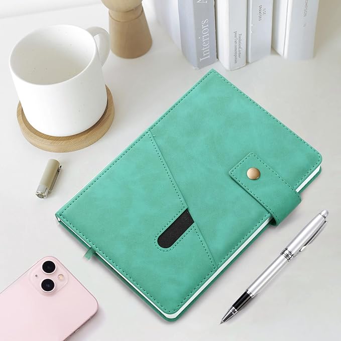 A5 Leather Journal Notebook with Pen, 200 Pages Hardcover Journal with Pocket, 100gsm Thick Lined Paper Daily Diary for Men and Women, Great Gift for Business School Travel Personal - Light Blue