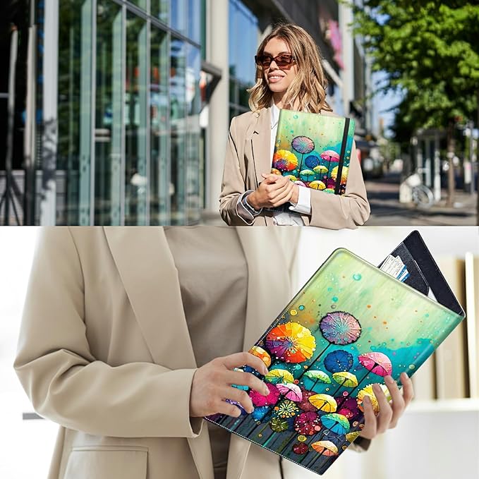 PU Leather Padfolio Clipboard Notepad with Pen Loop and Elastic Strap Interview/Resume Document Organizer for Business School Office,Colored Mushroom