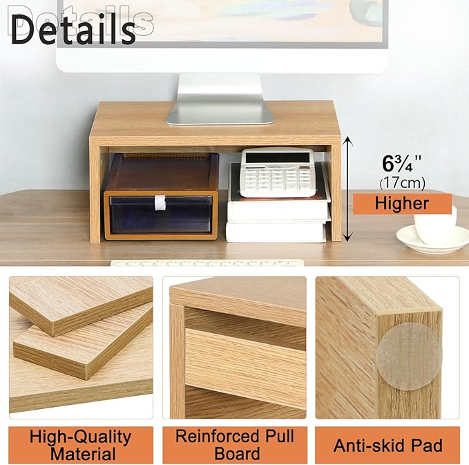 TEAMIX Higher Monitor Stand Riser, Wood Monitor Riser with Storage for Desk Small Monitor Stand TV/Screen/PC/Laptop Riser Computer Stand Desktop Shelf
