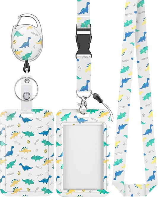 Uniclife Fashionable Sliding Badge Holder Cartoon Dinosaur Plastic Case with Retractable Badge Reel Carabiner Clip & Detachable Lanyard Strap Vertical Card Protector for Women Nurse Teacher Student