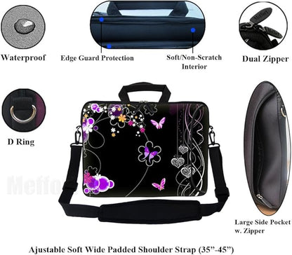 Meffort Inc 17 17.3 inch Neoprene Laptop Bag Sleeve with Extra Side Pocket, Soft Carrying Handle & Removable Shoulder Strap for 16" to 17.3" Size Notebook Computer - Flying Butterfly Design