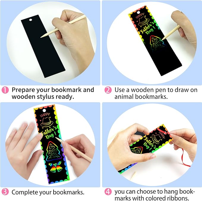 100 Sets Scratch Art Bookmarks Making Kit for Kids, Scratch Paper DIY Animal Bookmarks Bulk with 100 Pcs Ribbons and 100 Pcs Wood Stylus for Classroom Activities Party Favors, 13 Styles(B)