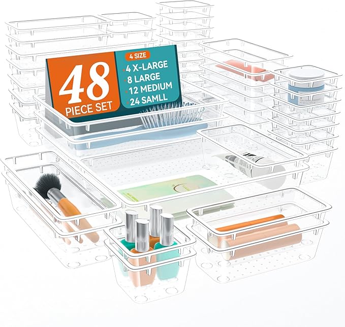 48 PCS Drawer Organizer Set, 4 Sizes Clear Plastic Makeup Vanity Organizer for Makeup, Stationery, Multiple Gadgets, Kitchen, Bathroom, Office, Bedroom