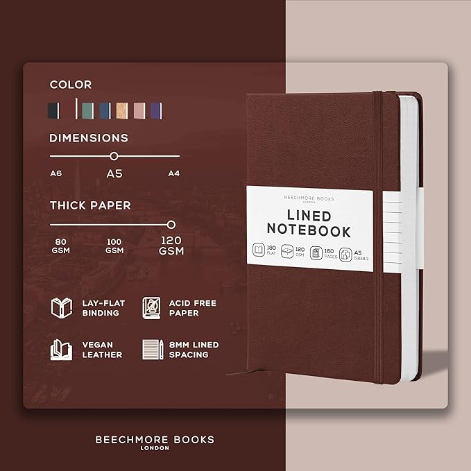 BEECHMORE BOOKS Lined Journal Notebook, 5.8 x 8.3 inch, A5 160 Lined Pages, Hardcover Leather Journals for Women, Men, Writing and Notebooks for Work - 120 GSM Thick Paper, Gifts Box Included (Chestnut Brown)
