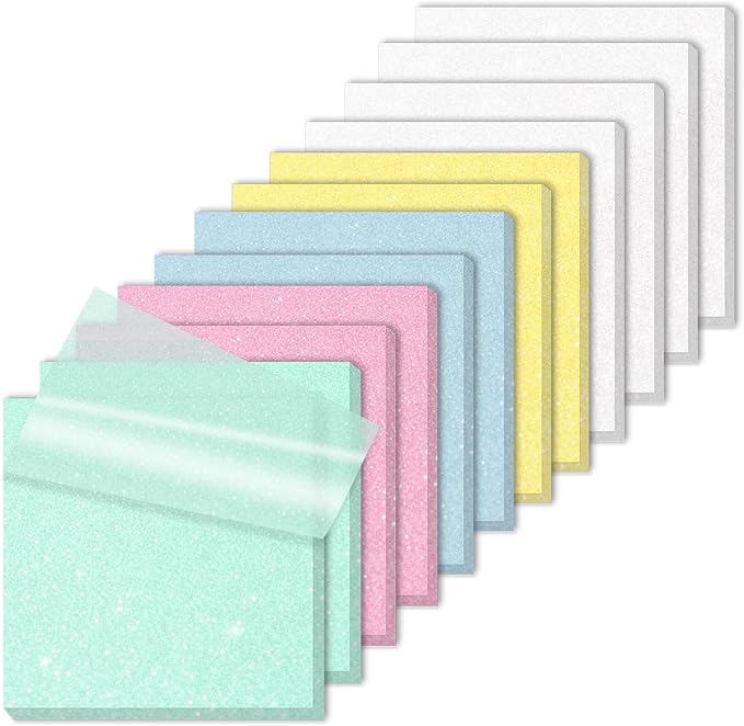 SYMDROMIA Transparent Sticky Notes 12 Pack, Frosted Glitter Colored 3x3 Inch, High Transparency Glass-Like Adhesive Clear Seee Through Sticky Notes for Women Office School Supplies 600 Sheets