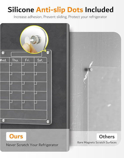 Magnetic Acrylic Calendar for Fridge,2 Pack 12"x16" Clear Fridge Calendar Dry Erase Magnetic Planning Boards Set Includes 6 Colorful Highlight Markers,Magnetic Pen Holder and Erase Towel