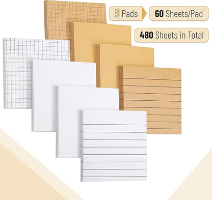 Mr. Pen- Lined Sticky Notes, 3”x3”, 8Pads, 480 Sheets, White & Kraft, Sticky Notes with Lines, Sticky Note, Self-Stick Note Pads, Sticky Notes Lined, Sticky Pads Sticky Notes Aesthetic, Lined Notepad