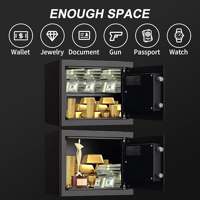 Tenamic Fireproof Safe Box 1.2 Cuft Electronic Digital Security Box, Keypad Small Lock Box Cabinet Safes with Internal Light, Solid Alloy Steel Office Hotel Home Safe with 2 Passwords, Black