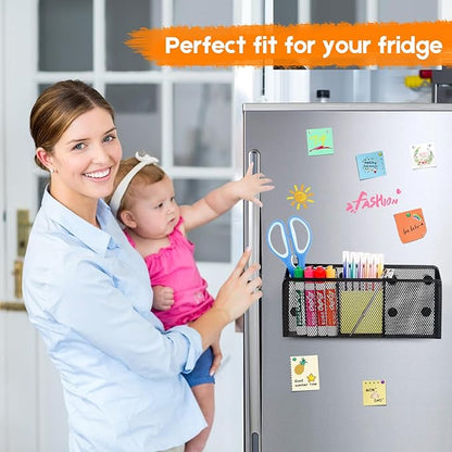 Magnetic Pencil Holder - Extra Strong Magnets Mesh Marker Holder Perfect for Whiteboard, Refrigerator and Locker Accessories (3 Baskets, 1 Pack Black)