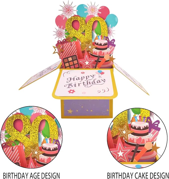 Asmallgf Happy 80th Birthday Pop Up Card for Women Men, Wonderful 80 Year Old Gift for Him Her, Colorful 80 Bday 3D Card for Grandma Grandpa, Best 80 Birthday Gift Idea for Friend