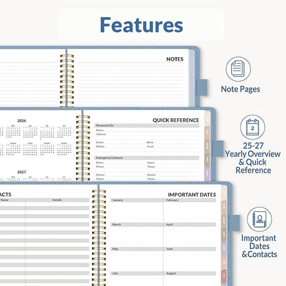 SUNEE 2026 Weekly & Monthly Planner 6.4"x8.5"- 12 Month (January 2026 - December 2026), Vegan Leather Cover, Pocket, Bookmark, Notes, Monthly Tab, Gray Blue