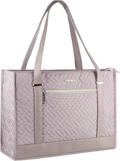 EMPSIGN Laptop Tote bag for women 16 Inch, Stylish Computer Shoulder Tote Bag for Work, Large Capacity Quilted Laptop Briefcase, Waterproof Women Business Office Bag, Quilted Grey Pink