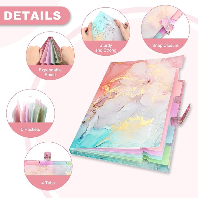 Ddaowanx Expanding File Folder, Letter A4 Size Accordion Plastic File Organizer, 5 Pocket Folders for Documents, Aesthetic Folder with Labels, Paper Organizer for School Office (Purple Marble)