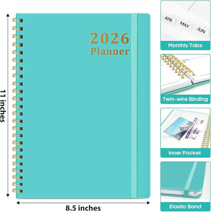 2026 Planner, Weekly and Monthly Calendar Planner, January 2026 - December 2026, Hardcover 2026 Calendar Planner Book with Tabs For Women & Men, Inner Pocket, Spiral Bound, Perfect for Office Home School Supplies - A4 (8.5" x 11"), Aquamarine
