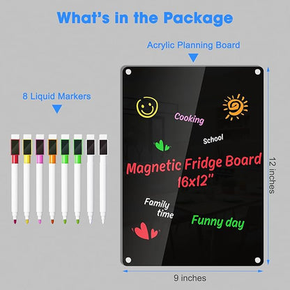 Acrylic Dry Erase Blackboard for Fridge Meal Planner Menu Board for Kitchen to do List Shopping List Grocery List Family Dinner Refrigerator Chore Chart Board 2024 Planning Board, Black