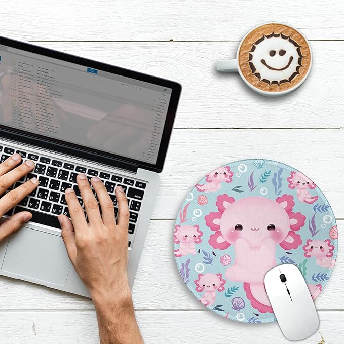 Cute Axolotls Round Mouse Pad, Small Mousepad for Laptop Gaming Women, with Stitched Edge Non-Slip Rubber Base, Cute Home Office Decor Desk Accessories Office Supplies Gift for Women Teen Girls