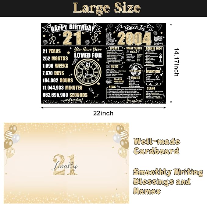 Large 21st Birthday Gift Card With Envelope for Boys Girls, 2004 Black Gold Happy 21st Birthday Giant Guest Signature Book Gifts, Big Vintage 21st Greeting Card Decoration Party Supply