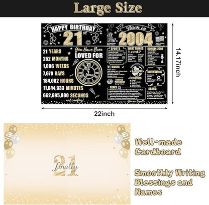 Large 21st Birthday Gift Card With Envelope for Boys Girls, 2004 Black Gold Happy 21st Birthday Giant Guest Signature Book Gifts, Big Vintage 21st Greeting Card Decoration Party Supply