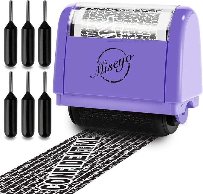 Miseyo Identity Theft Protection Roller Stamp Set - Purple (6 Refill Ink Incleded)