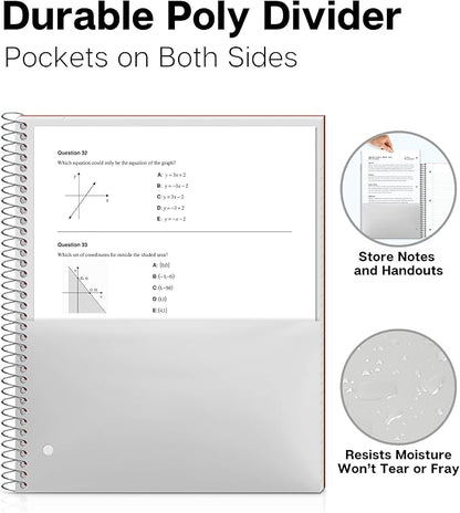Dunwell 1 Subject Notebook College Ruled (Red), Spiral Notebook 8.5x11 for School, 100 Sheets (200 Pages), Protective Plastic Cover, 2-Pocket Divider, One Subject Note Book 8 1/2 x 11