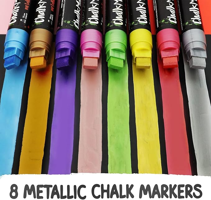 Metallic Chalk Markers (8 Pack) Liquid Chalk Pens for Blackboards, Chalkboard, Bistro Menu, Window Markers for Cars - Wet Wipe Erasable - 15mm Jumbo Nib