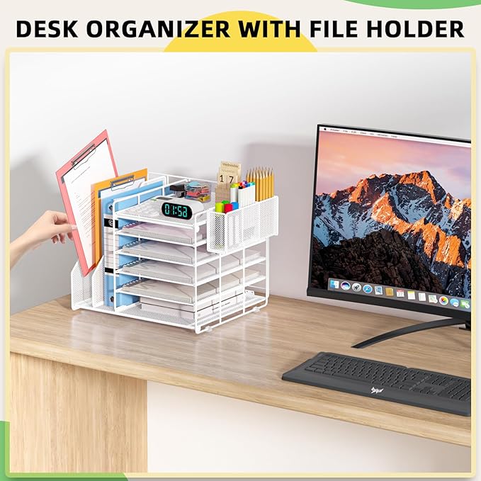 Desk Organizer, 6 Tier File Organizer Paper Tray with File Holder Pen Holder, Mesh Office Desk Accessories & Workspace Organizers (White)
