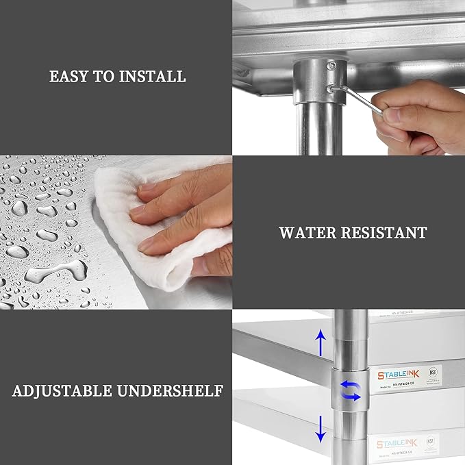 STABLEINK Stainless Steel Table with Caster Wheels 24 x 60 Inches, NSF Commercial Prep & Work Table with Adjustable Undershelf and Table Foot, for Commercial Kitchen, Restaurant, Hotel and Garage