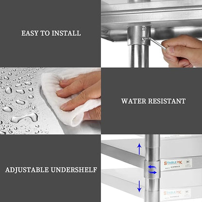 STABLEINK NSF Stainless Steel Table, 24 x 30 Inches Metal Prep & Work Table with Adjustable Undershelf, for Commercial Kitchen, Restaurant, Hotel and Garage